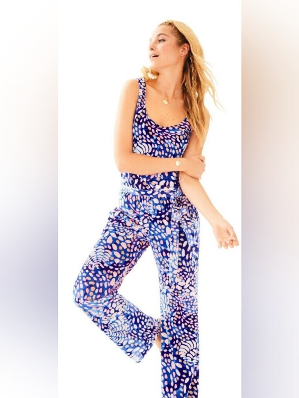 Lilly Pulitzer Nena Beckon Blue Sparking Grotto Jumpsuit Size M